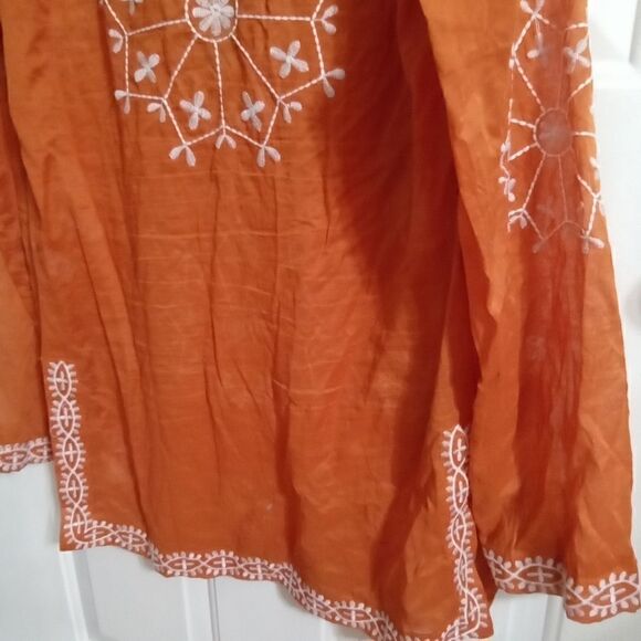 Mur Mur Sheer Embroidered Tunic Size M Orange and White V Neck with Tie - Picture 5 of 10
